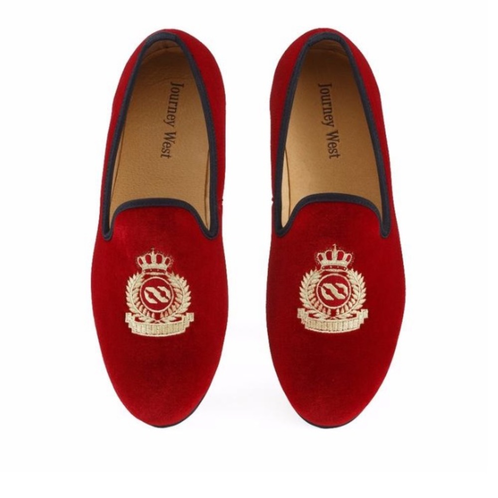 Mens Vintage Loafers Journey West Red Velvet Shoes